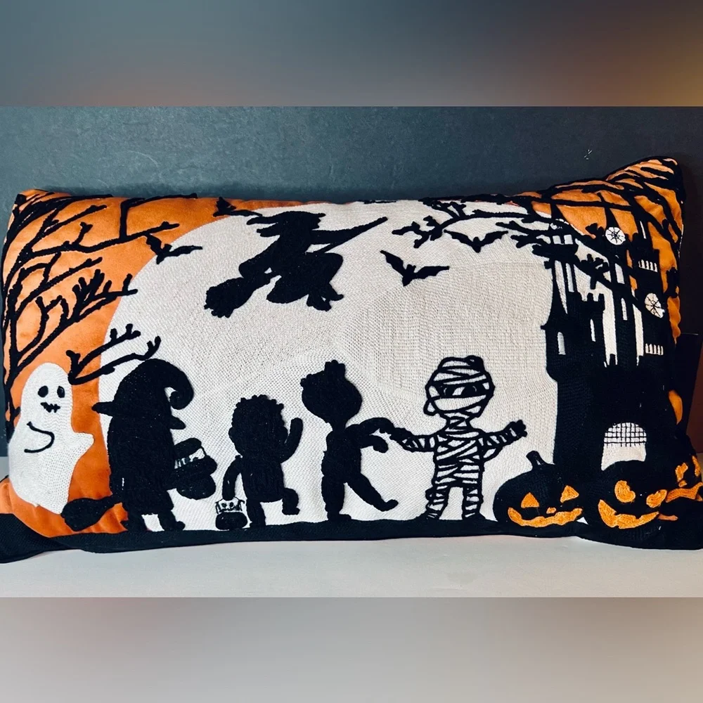 Halloween Trick O Treating Kids Large Pillow Cushion Haunted House Witch Ghost
